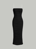 Black Mesh Slim Dress - Chain Detail Ruched Cami