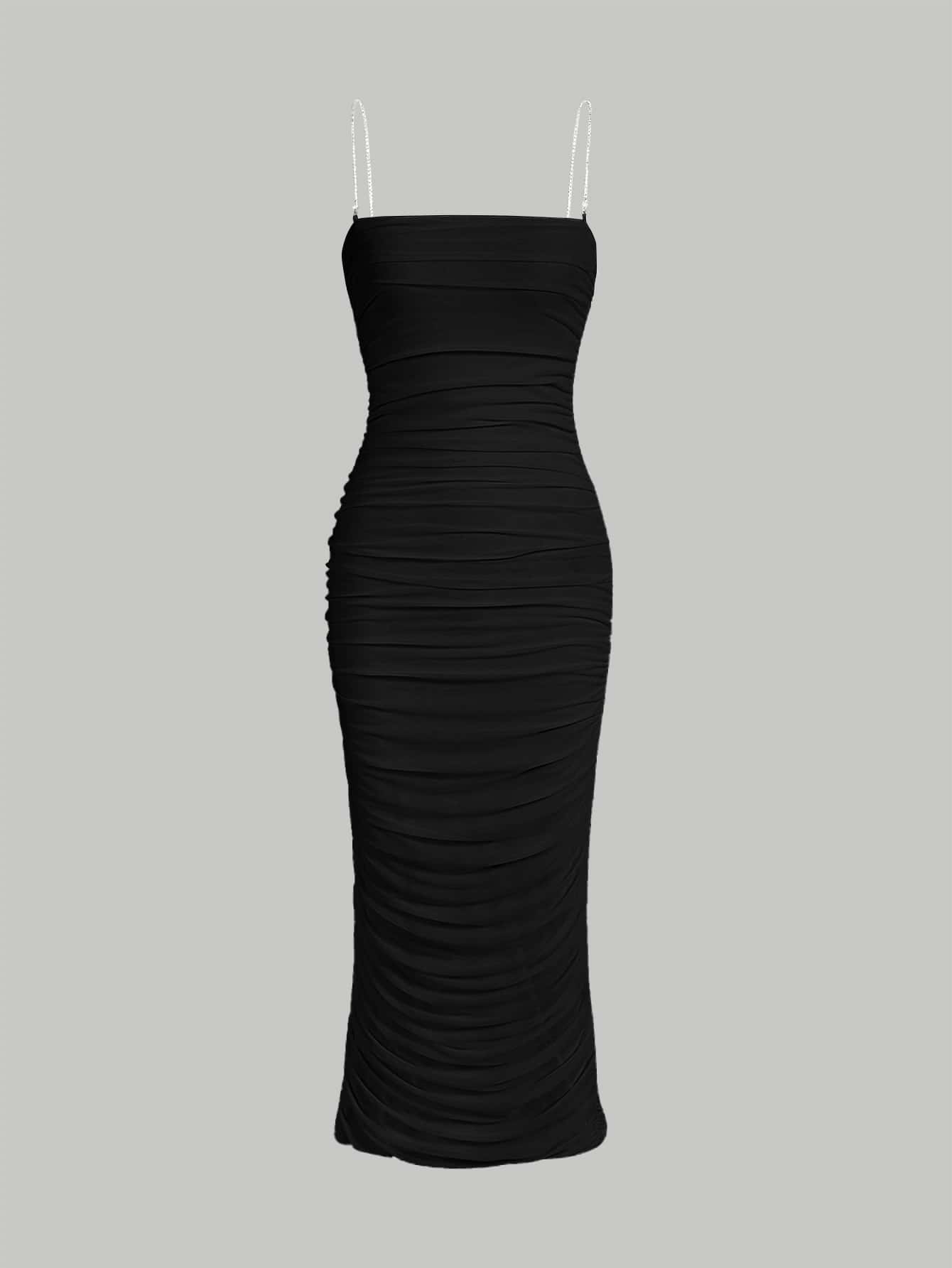 Black Mesh Slim Dress - Chain Detail Ruched Cami