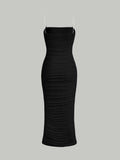 Black Mesh Slim Dress - Chain Detail Ruched Cami