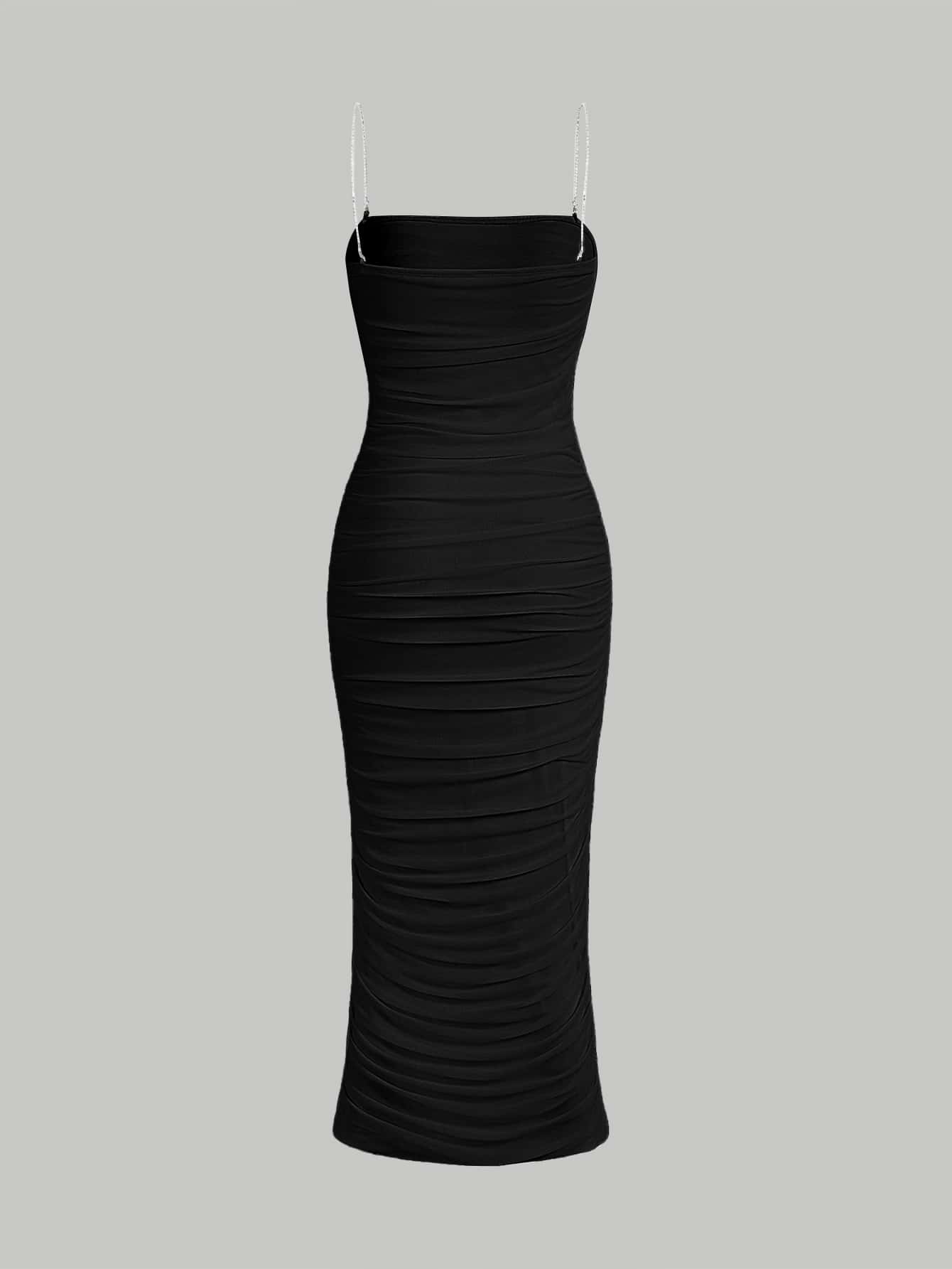Black Mesh Slim Dress - Chain Detail Ruched Cami