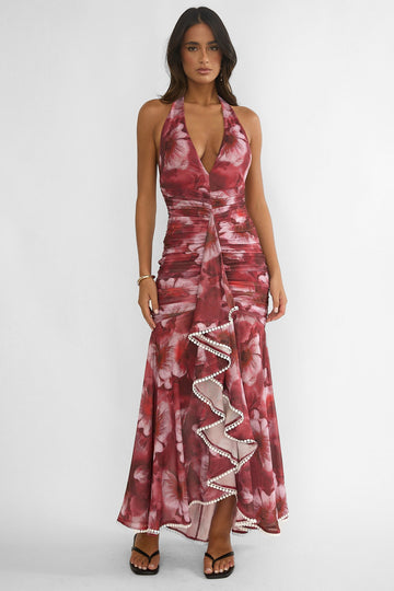 Kamilah Ruffle Maxi Dress Floral Red
