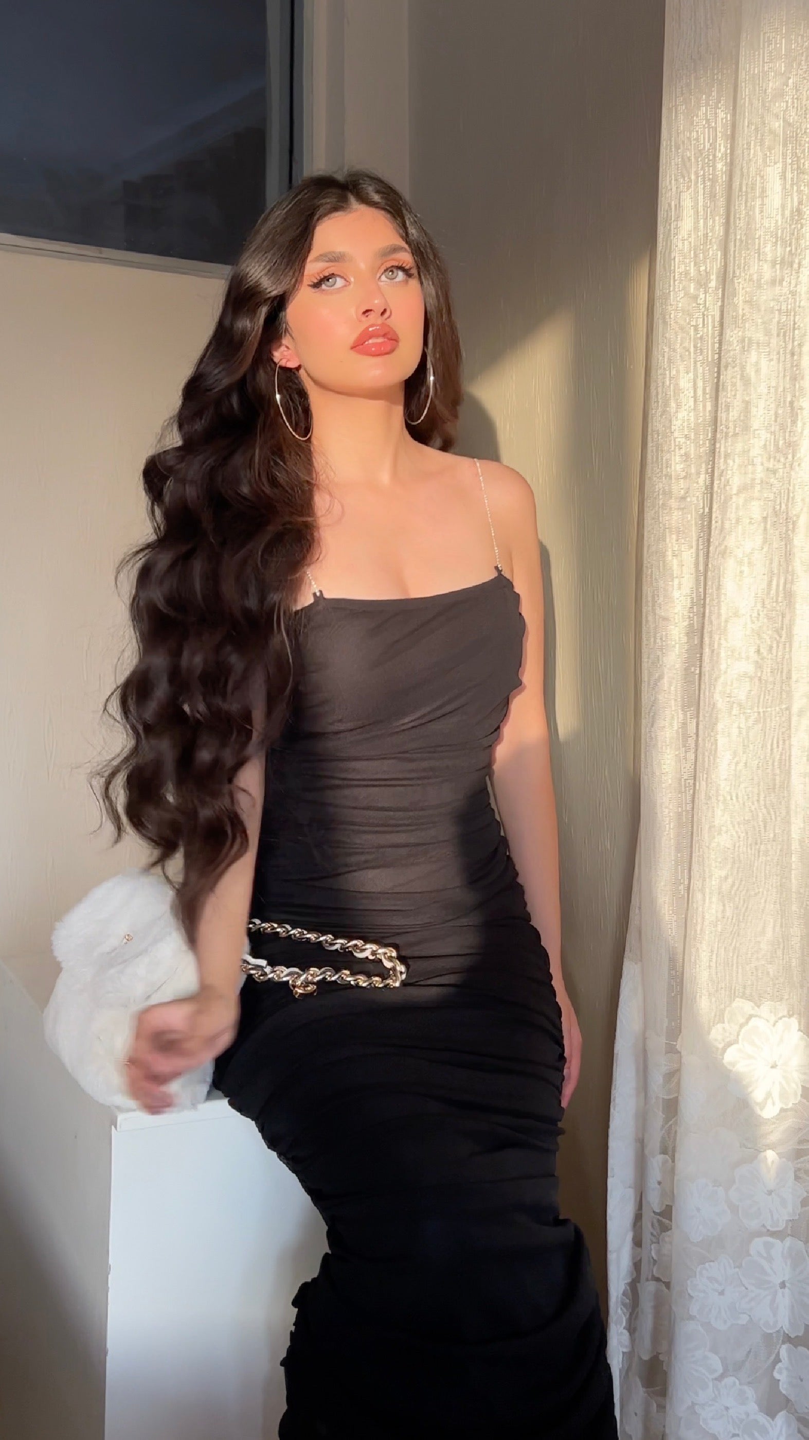 Black Mesh Slim Dress - Chain Detail Ruched Cami