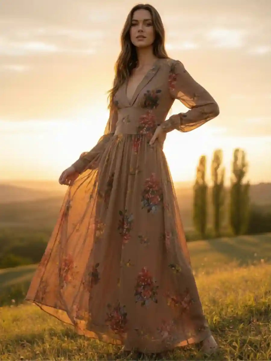 Brown Floral Bohemian Maxi Dress