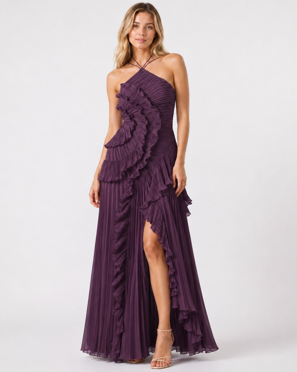 Women's Maxi Dress in Polyester Chiffon – Sleeveless Halter Gown
