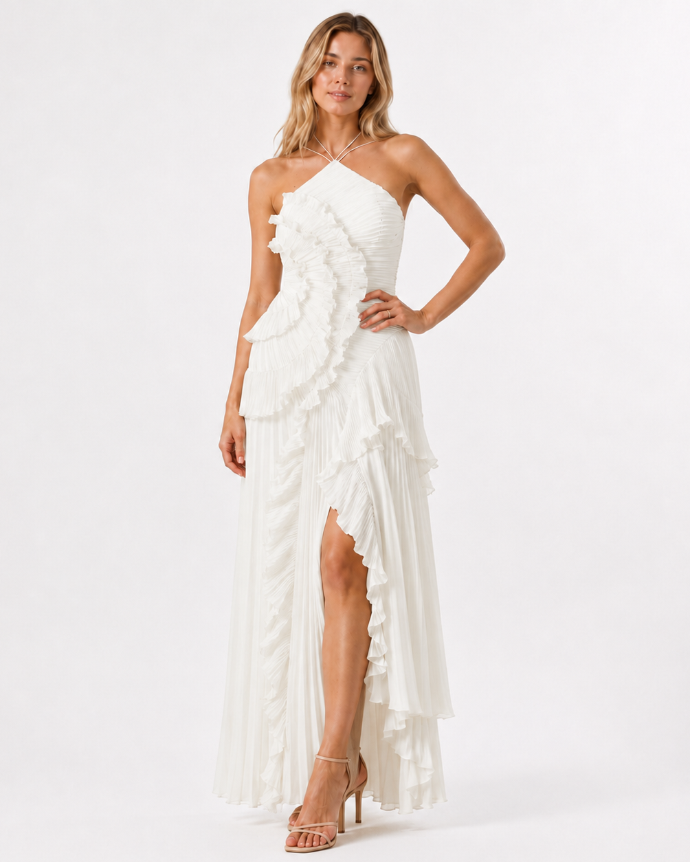 Women's Maxi Dress in Polyester Chiffon – Sleeveless Halter Gown