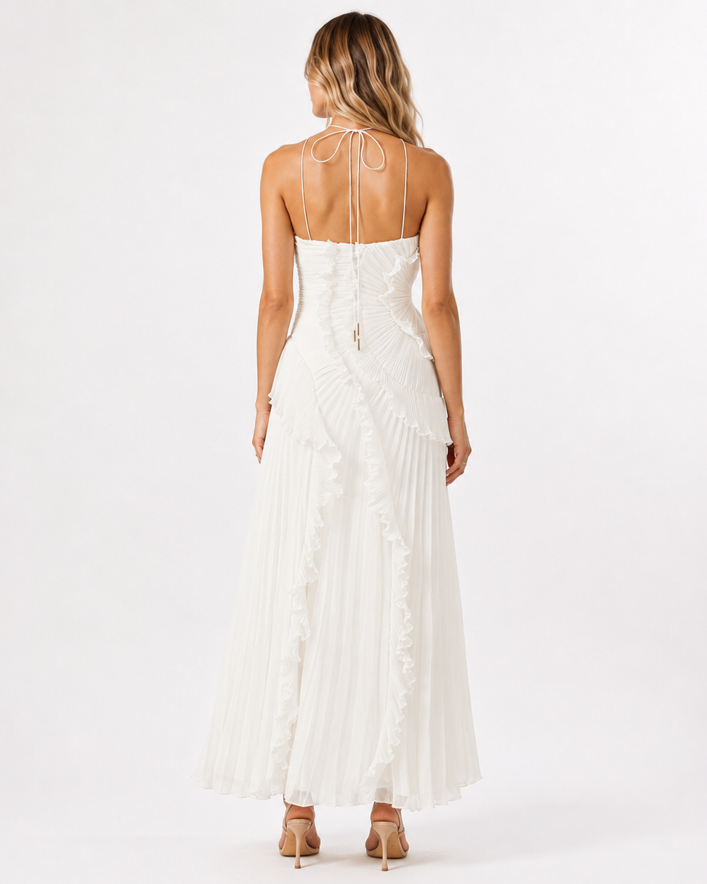 Women's Maxi Dress in Polyester Chiffon – Sleeveless Halter Gown