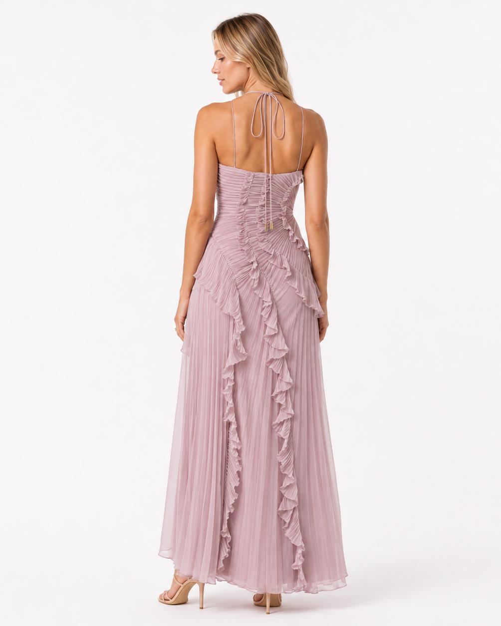 Women's Maxi Dress in Polyester Chiffon – Sleeveless Halter Gown