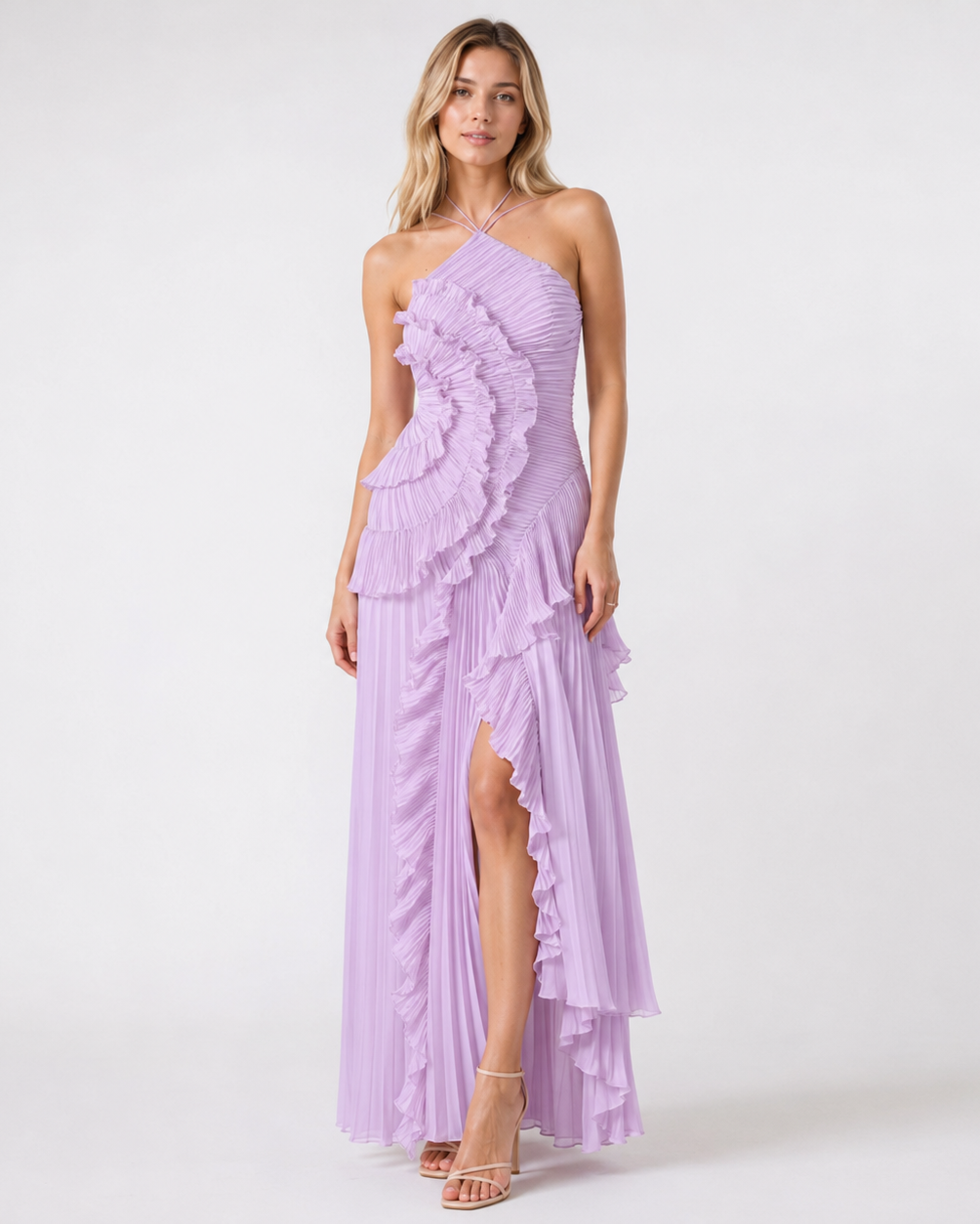 Women's Maxi Dress in Polyester Chiffon – Sleeveless Halter Gown