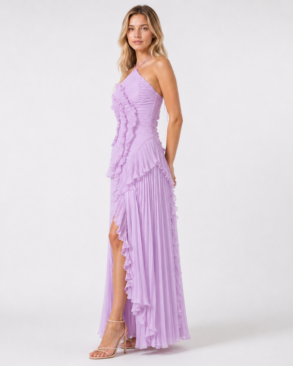 Women's Maxi Dress in Polyester Chiffon – Sleeveless Halter Gown