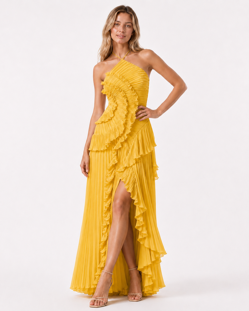 Women's Maxi Dress in Polyester Chiffon – Sleeveless Halter Gown