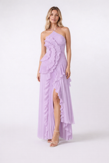 Women's Maxi Dress in Polyester Chiffon – Sleeveless Halter Gown — Rose Purple