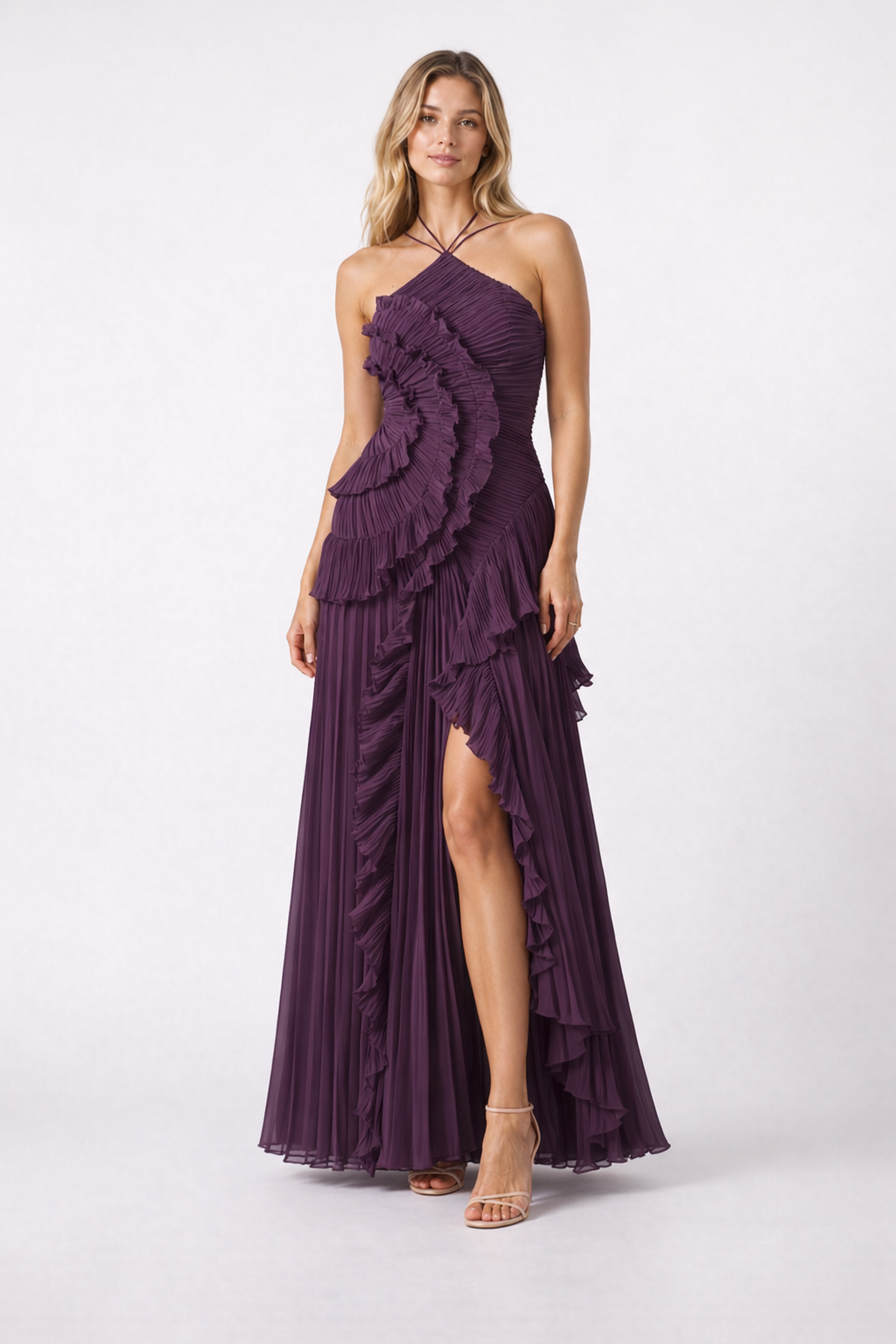 Women's Maxi Dress in Polyester Chiffon – Sleeveless Halter Gown — Violet