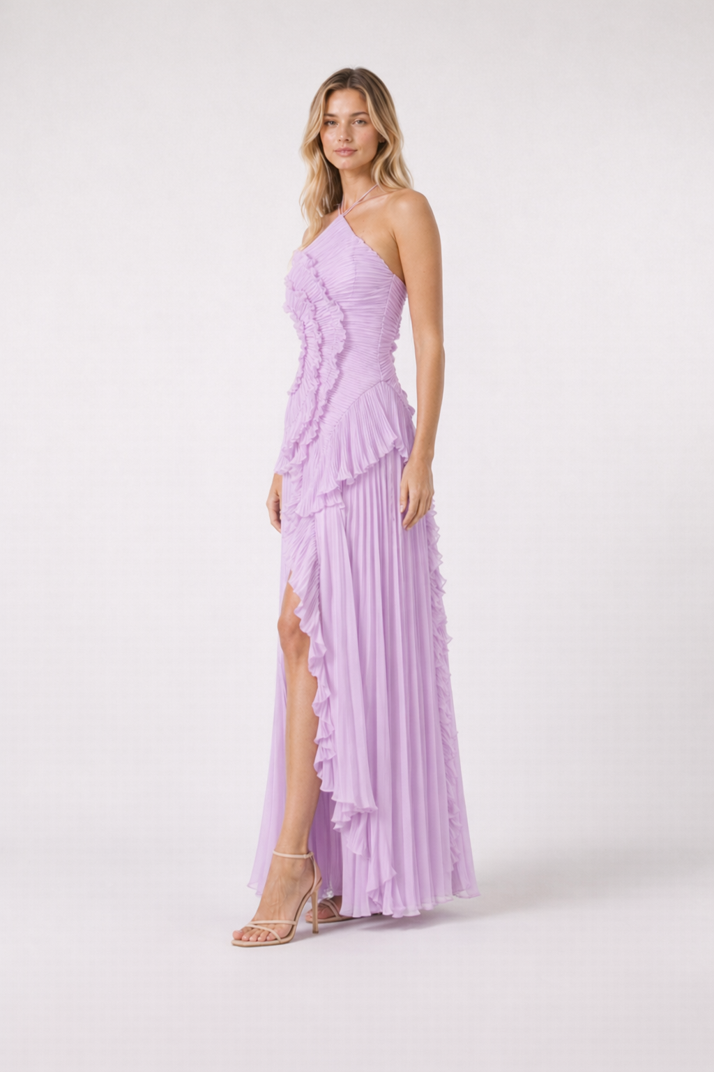 Women's Maxi Dress in Polyester Chiffon – Sleeveless Halter Gown