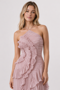 Women's Maxi Dress in Polyester Chiffon – Sleeveless Halter Gown — Pink