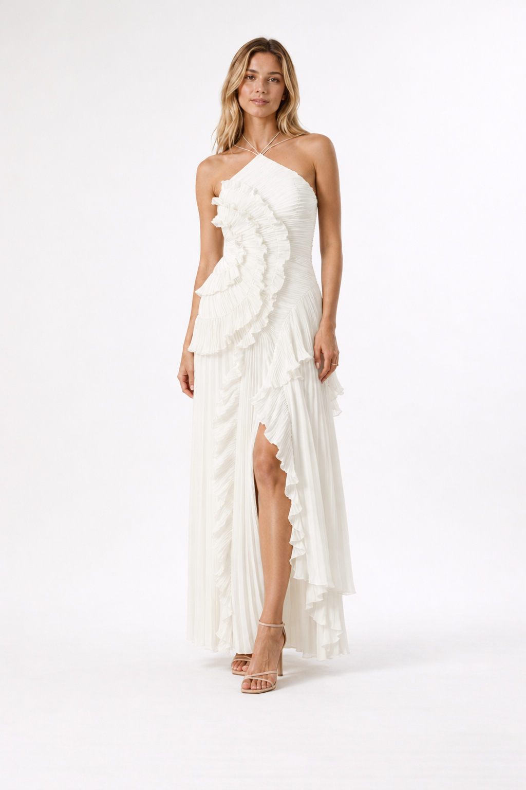Women's Maxi Dress in Polyester Chiffon – Sleeveless Halter Gown — White