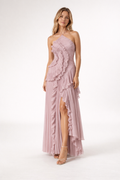 Women's Maxi Dress in Polyester Chiffon – Sleeveless Halter Gown — Pink