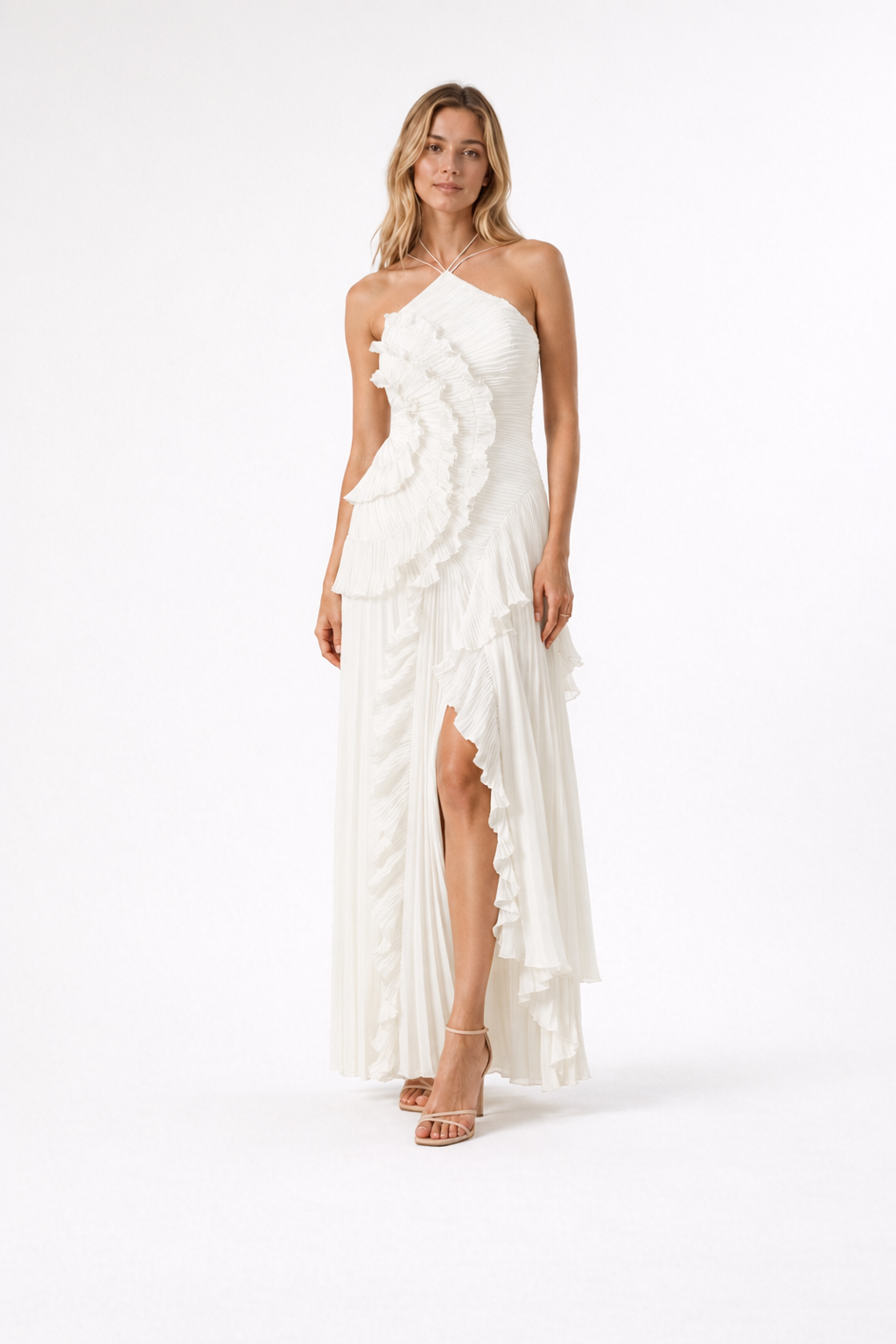 Women's Maxi Dress in Polyester Chiffon – Sleeveless Halter Gown — White