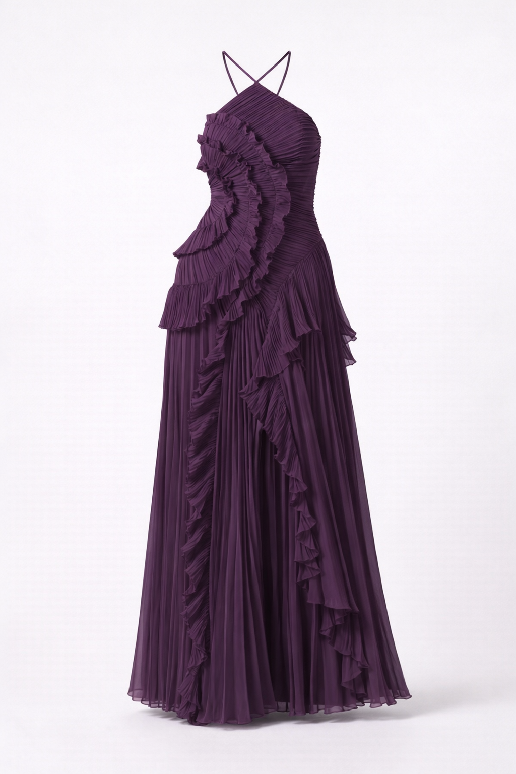 Women's Maxi Dress in Polyester Chiffon – Sleeveless Halter Gown — Violet