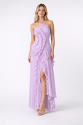 Women's Maxi Dress in Polyester Chiffon – Sleeveless Halter Gown