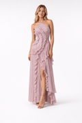 Women's Maxi Dress in Polyester Chiffon – Sleeveless Halter Gown — Pink
