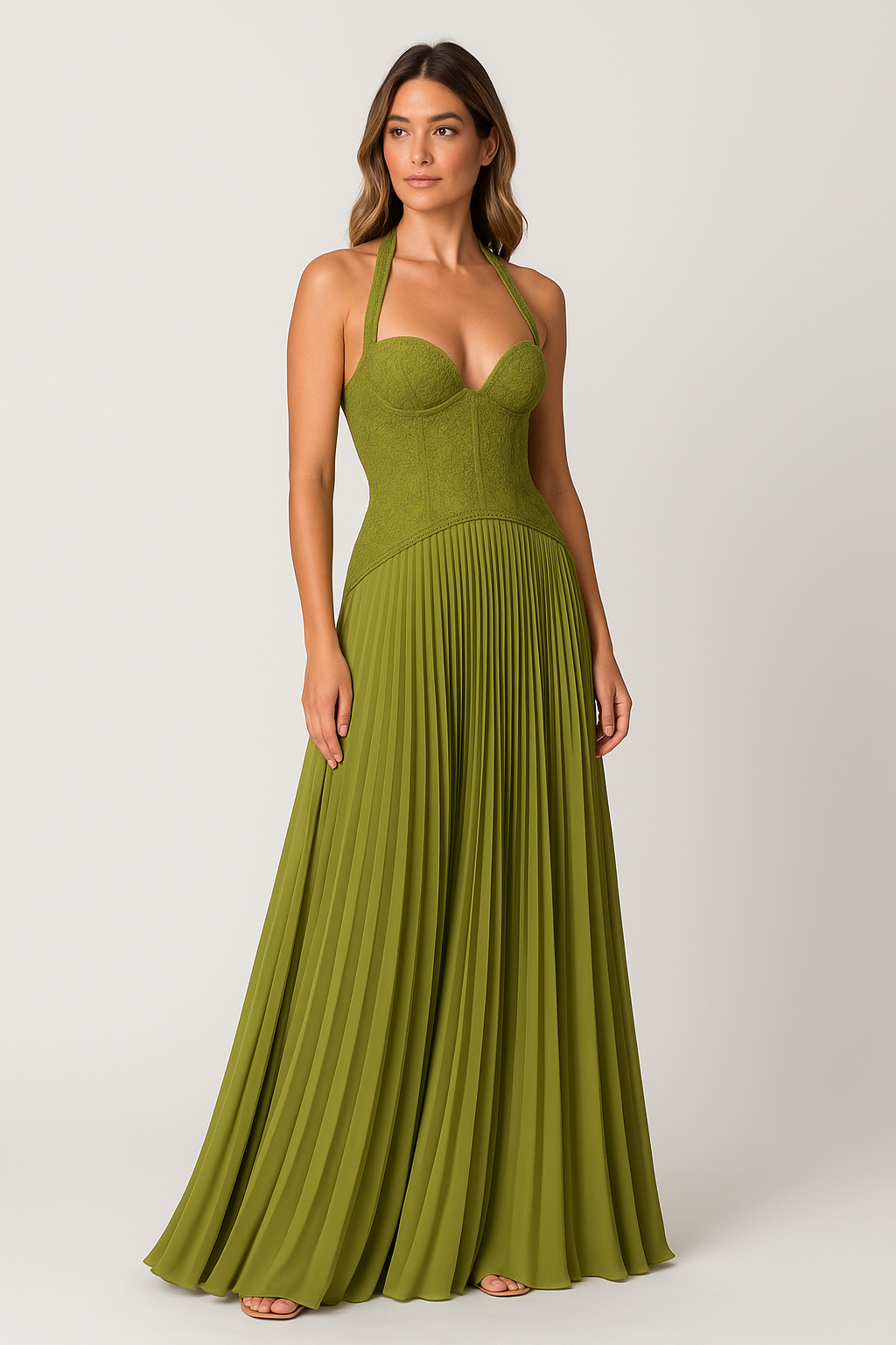 Women's Floral Lace Corset Maxi Dress — Olive