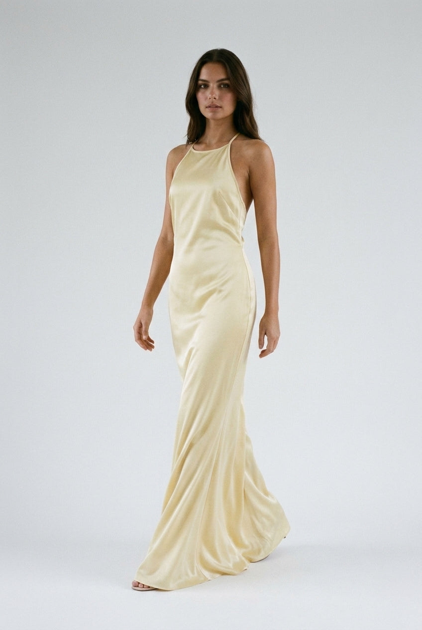 Gold Gown Satin Halter Backless Maxi Dress