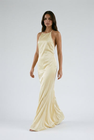 Gold Gown Satin Halter Backless Maxi Dress