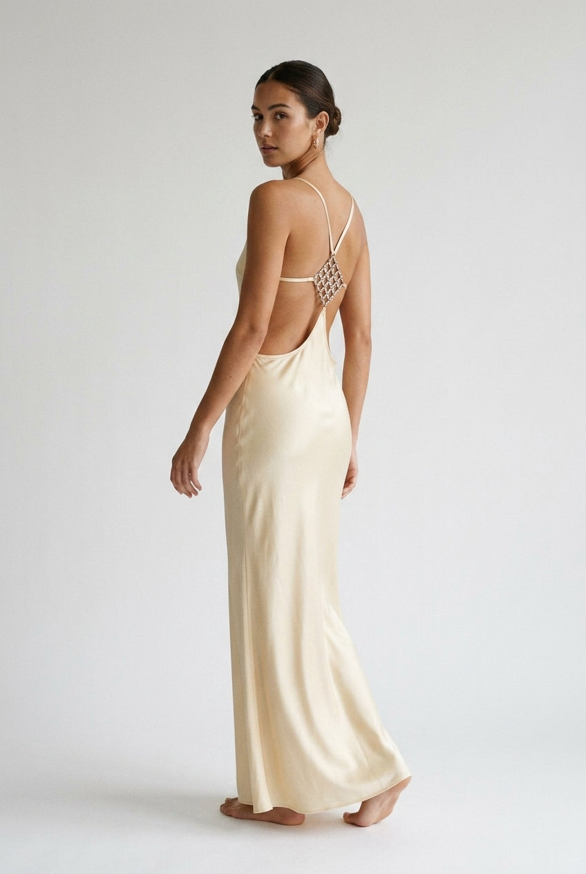 Gold Gown Satin Halter Backless Maxi Dress
