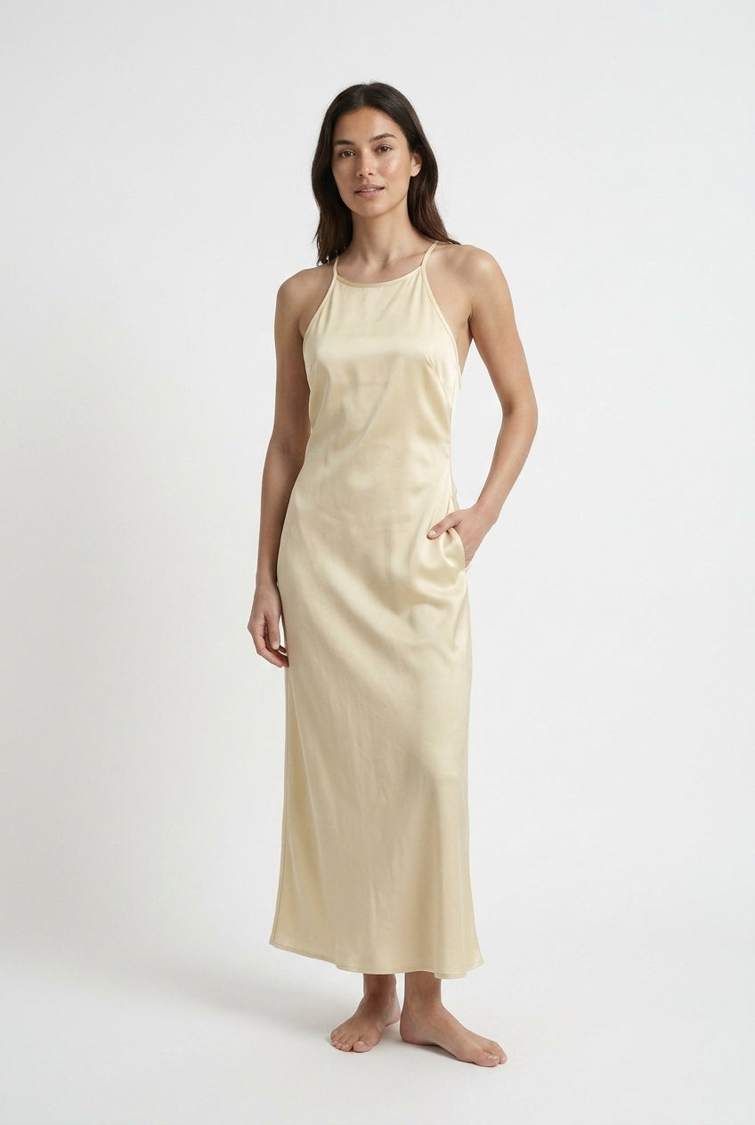 Gold Gown Satin Halter Backless Maxi Dress