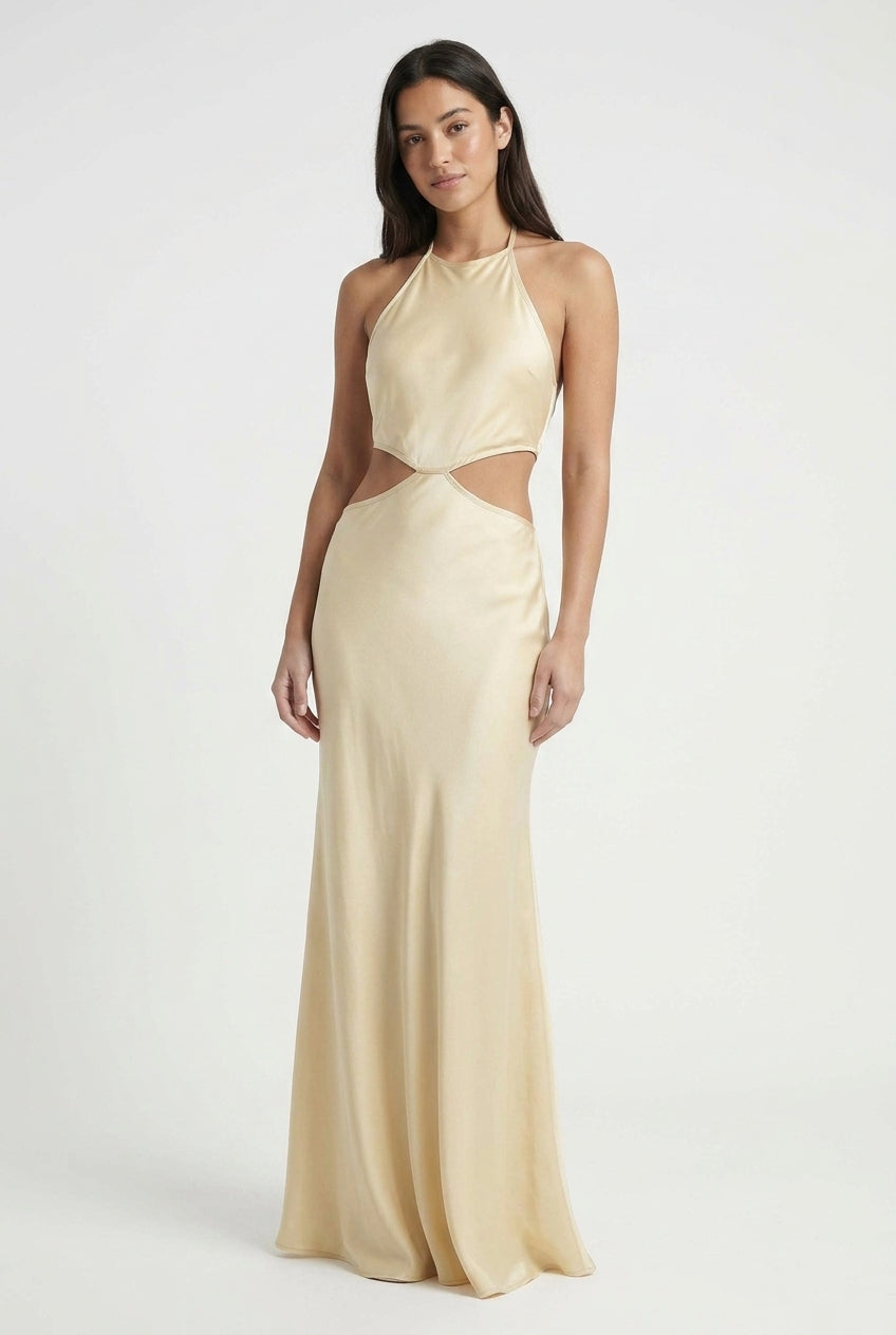 Gold Gown Satin Halter Backless Maxi Dress
