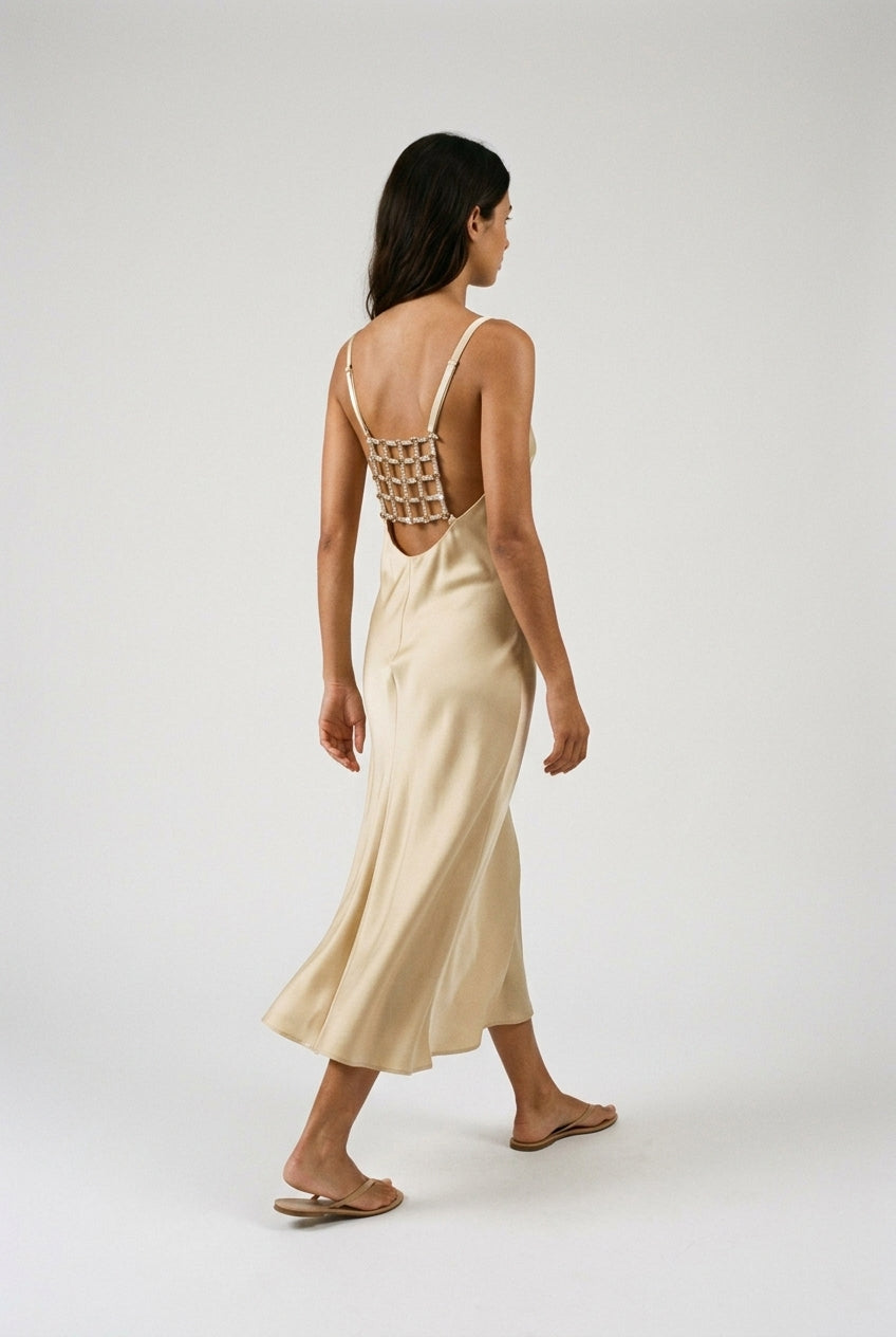 Gold Gown Satin Halter Backless Maxi Dress