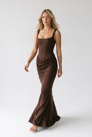 Corset Maxi Dress – Women's Bodycon Draped — Brown