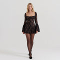 Plunge Neck Lace Mini Dress — Black