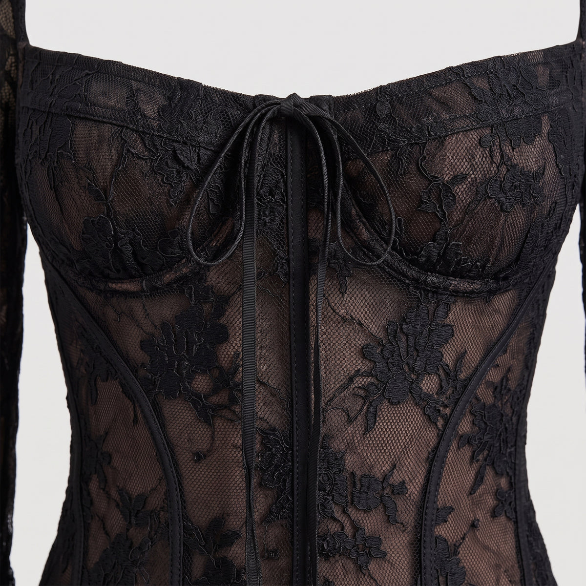 Plunge Neck Lace Mini Dress — Black
