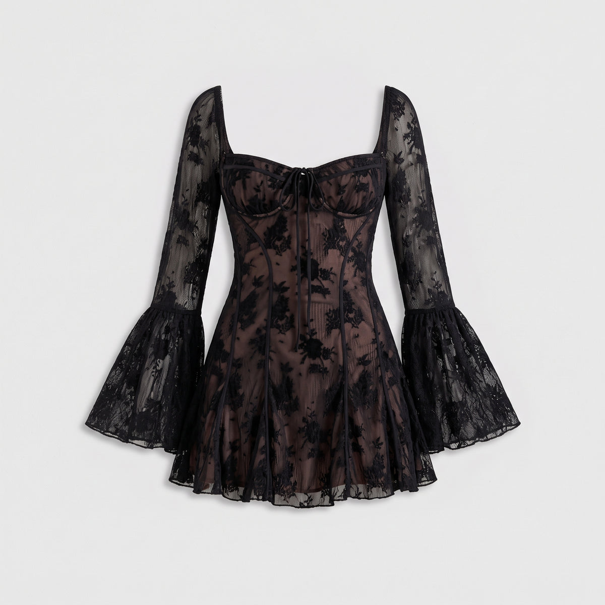 Plunge Neck Lace Mini Dress — Black