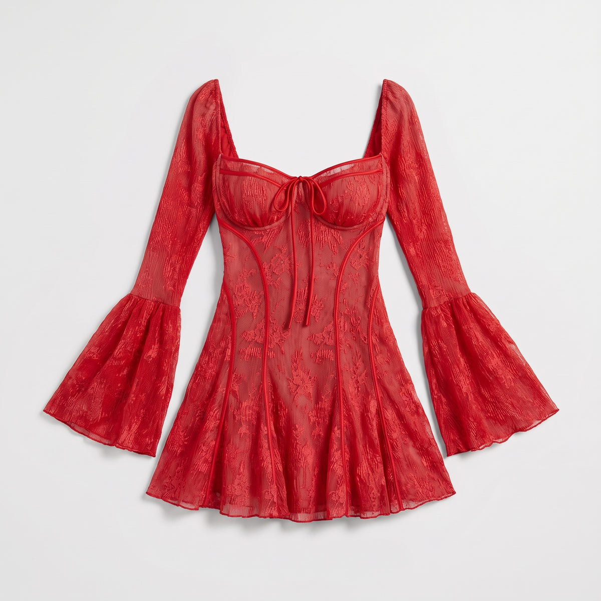 Plunge Neck Lace Mini Dress — Red
