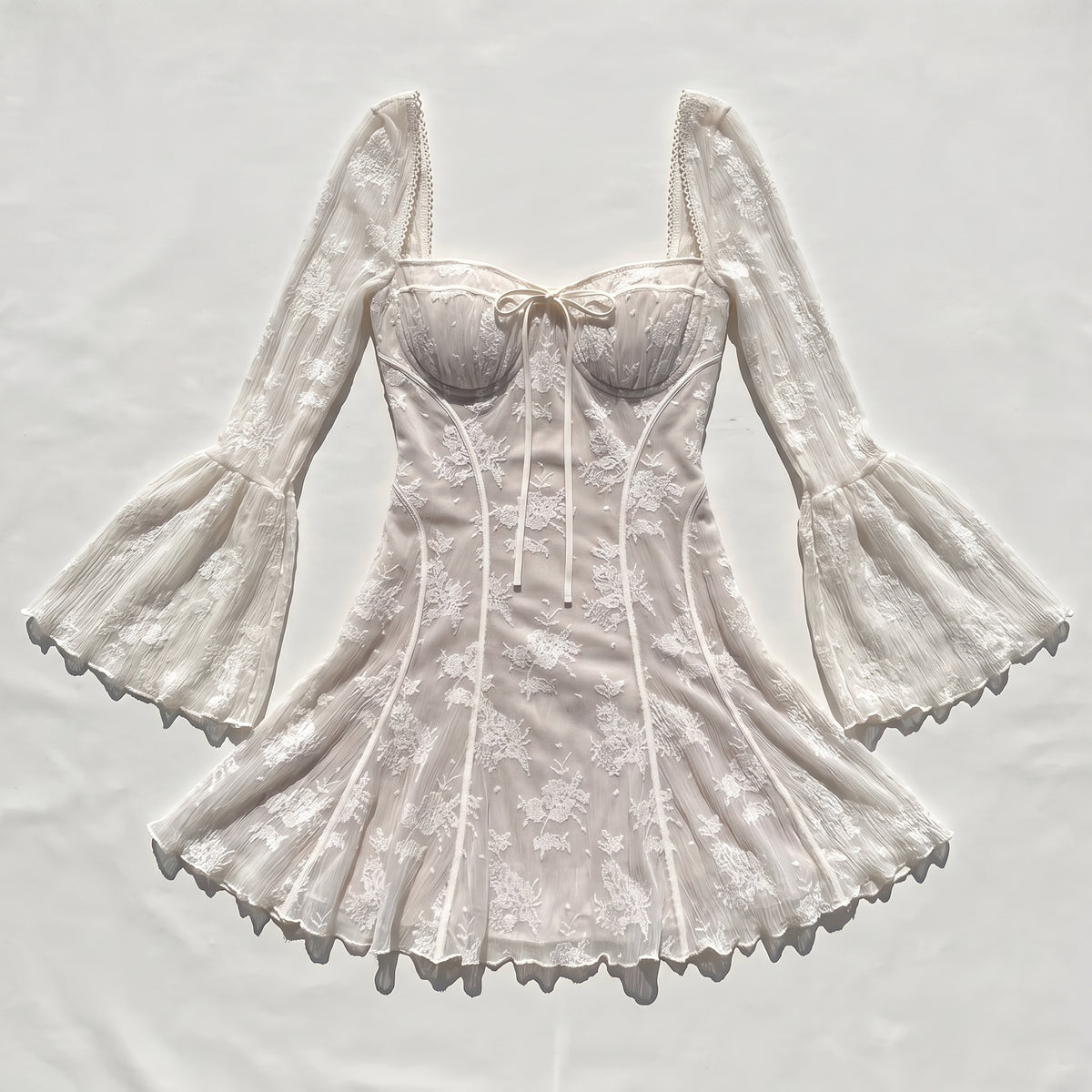 Plunge Neck Lace Mini Dress — White