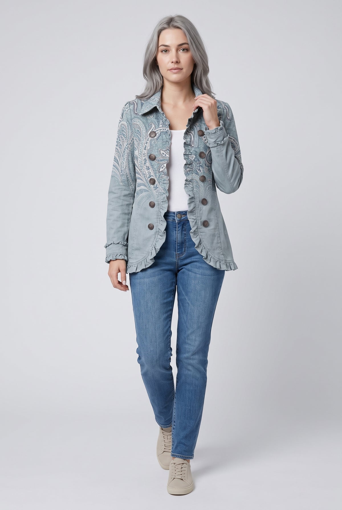 Women's Vintage Blue Paisley Print Ruffled Jacket