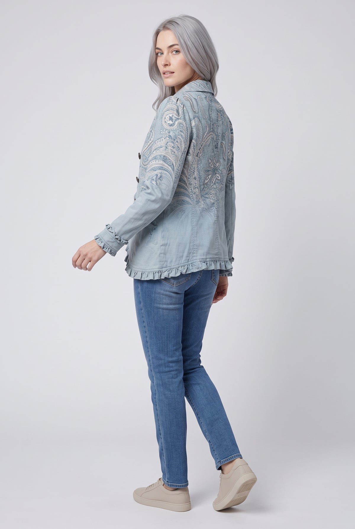 Women's Vintage Blue Paisley Print Ruffled Jacket