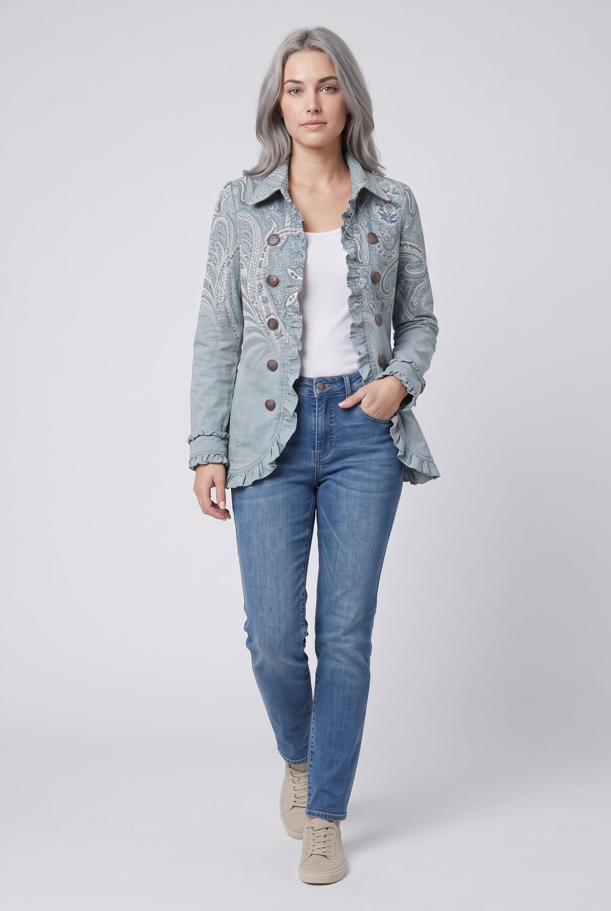 Women's Vintage Blue Paisley Print Ruffled Jacket