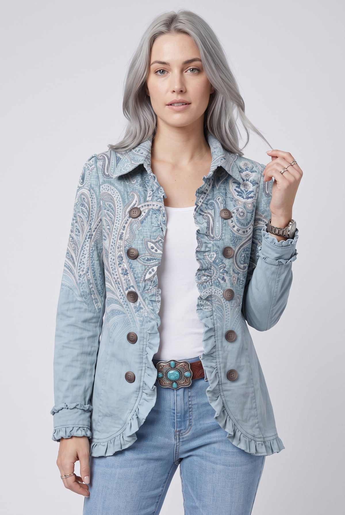 Women's Vintage Blue Paisley Print Ruffled Jacket