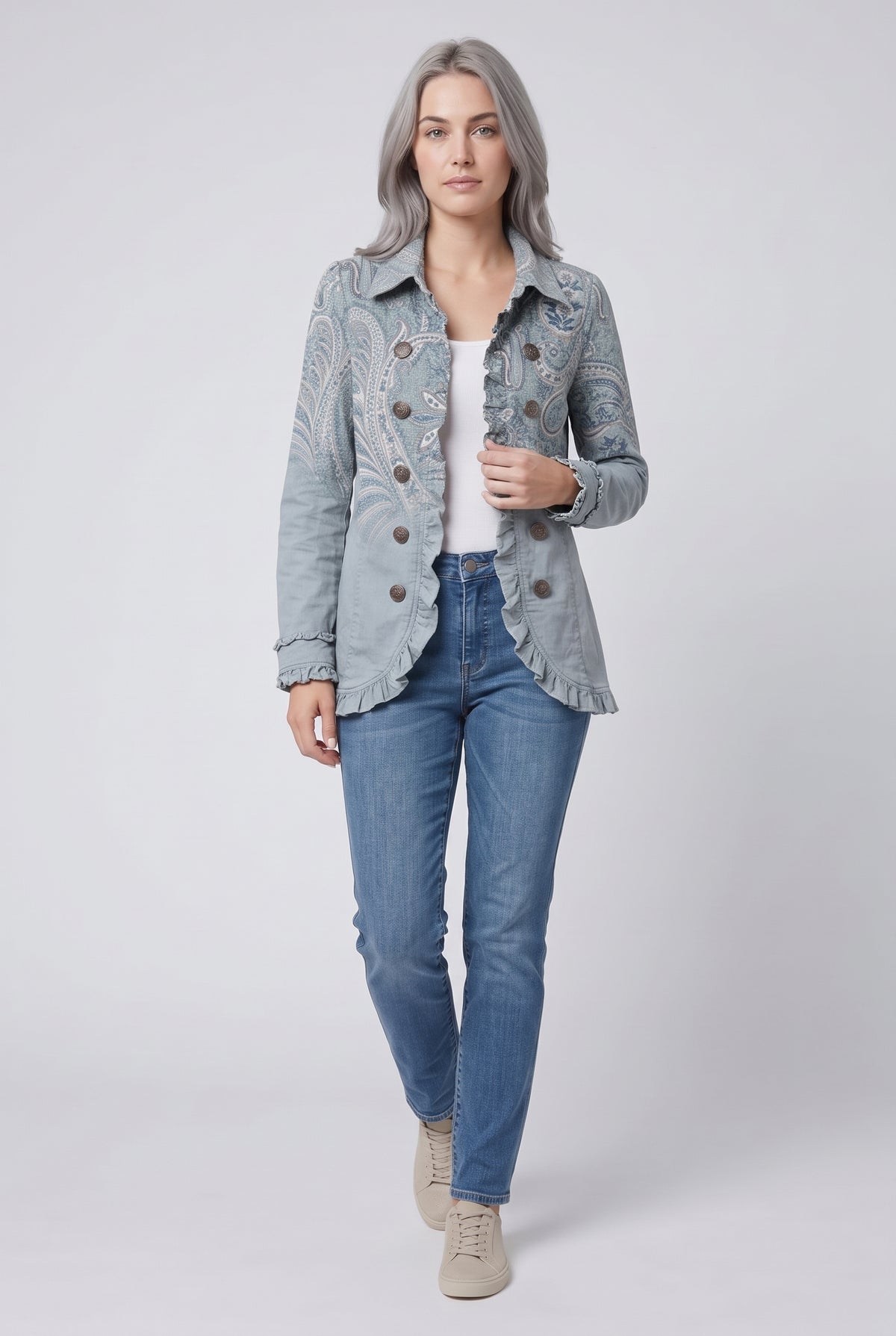 Women's Vintage Blue Paisley Print Ruffled Jacket