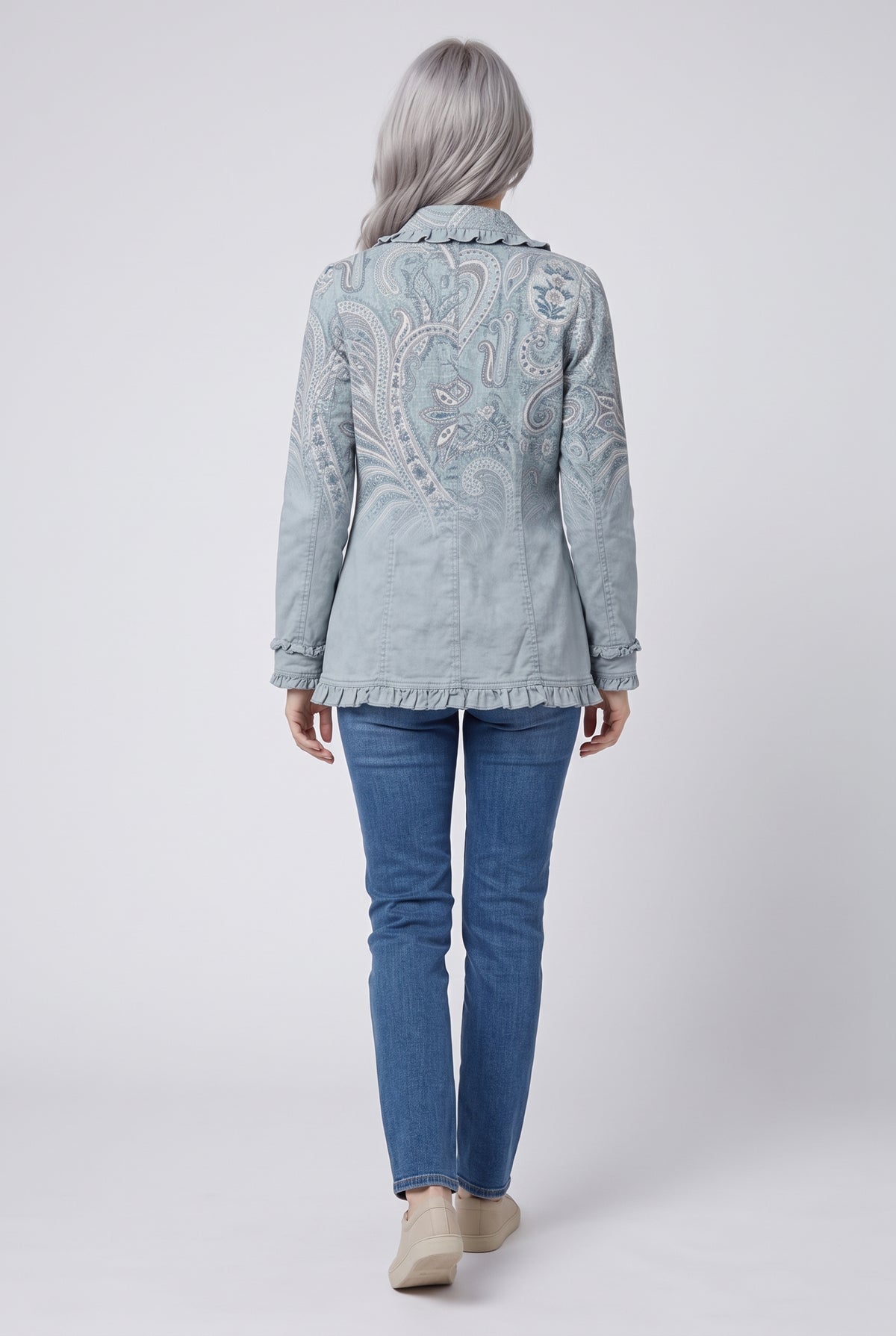 Women's Vintage Blue Paisley Print Ruffled Jacket