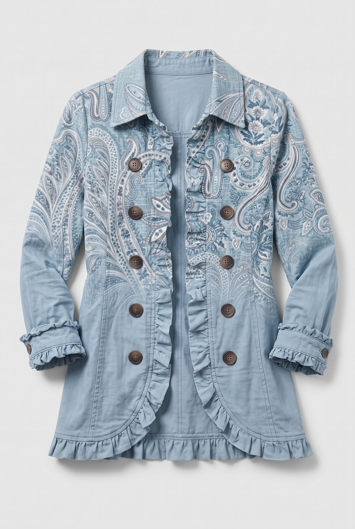 Women's Vintage Blue Paisley Print Ruffled Jacket