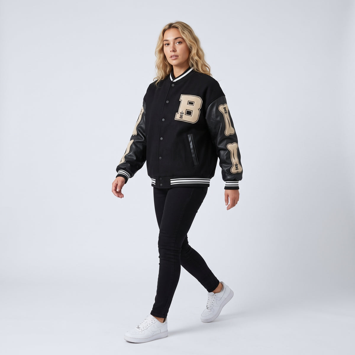 Wool Blend Varsity Jacket with Custom Bone Patching — Black
