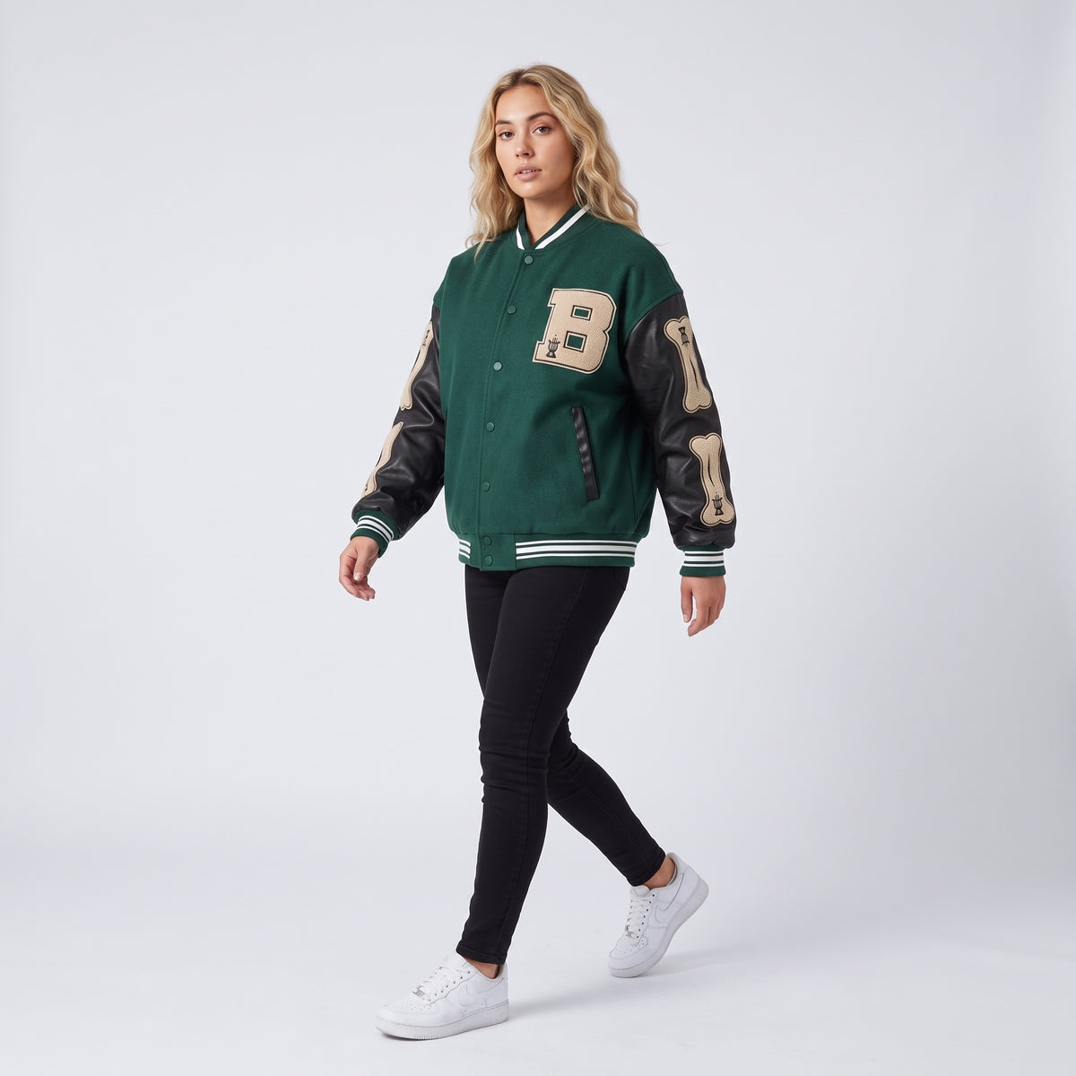 Wool Blend Varsity Jacket with Custom Bone Patching — Green