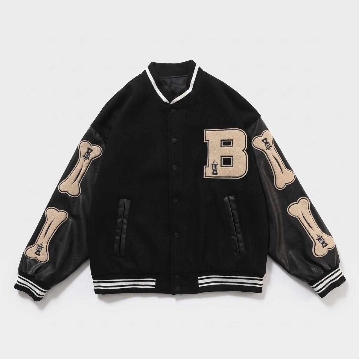 Wool Blend Varsity Jacket with Custom Bone Patching — Black