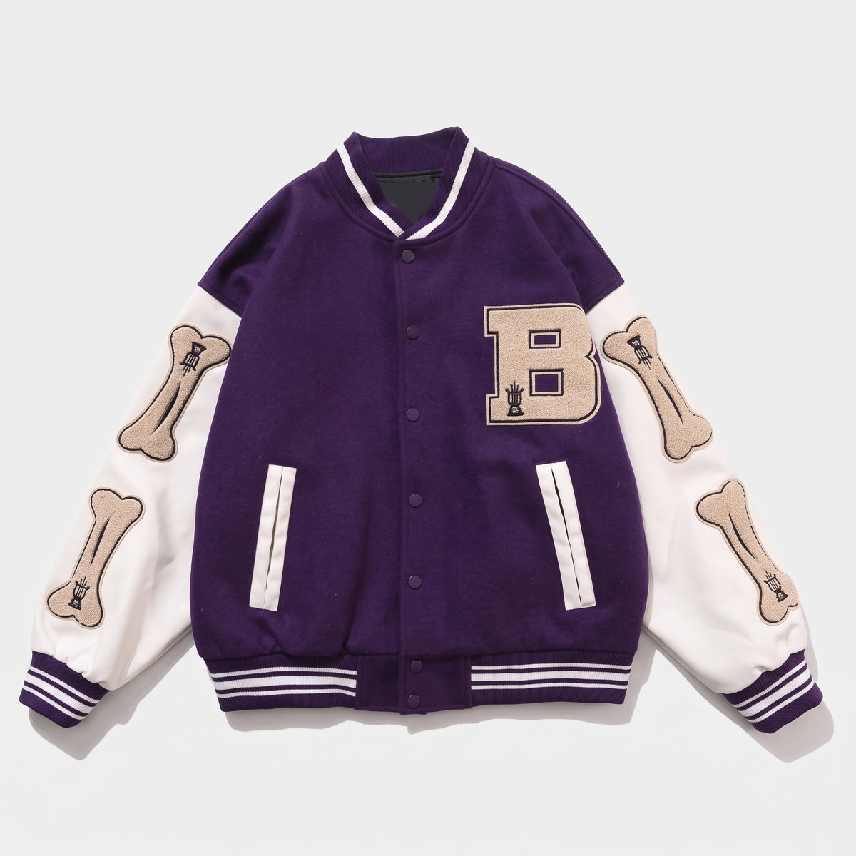 Wool Blend Varsity Jacket with Custom Bone Patching — Purple