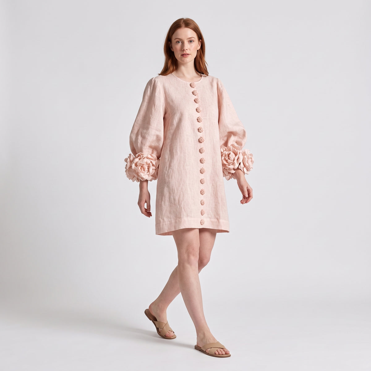 Brown dress with floral print and button-down mini length — Pink
