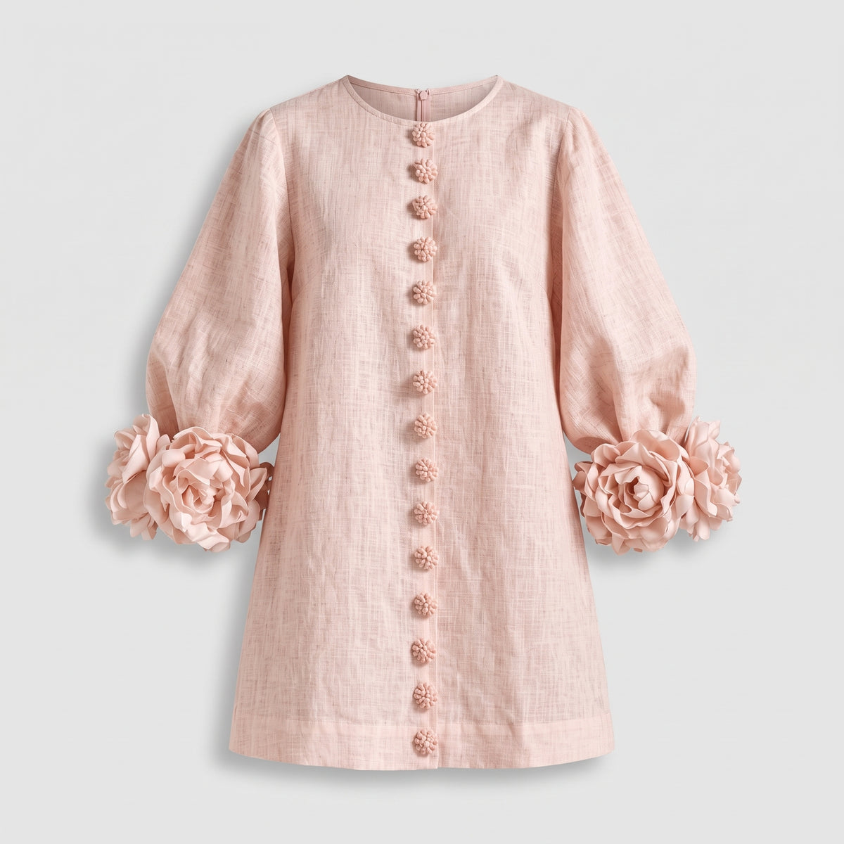 Brown dress with floral print and button-down mini length — Pink